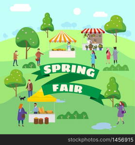 Spring Fair festival. Food street fair, market family festival. People walking eating street food, shopping. Spring Fair festival. Food street fair, market family festival. People walking eating street food, shopping, have fun together. Tents, awnings, canopy. Vector illlustration isolated