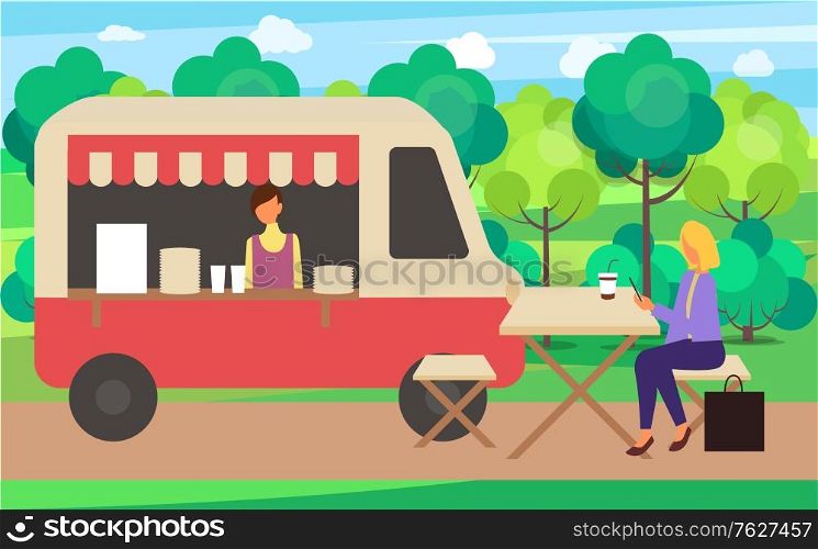Spring fair vector, woman drinking coffee ordered from truck at market. Lady sitting on wooden bench with plastic cup. Cafe in park street with seller. Funny spending time on harvest festival. Coffee Truck Cafe Street Beverage Summer Fair