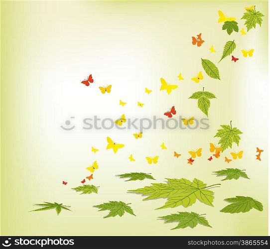 spring falling leaves and butterflies background