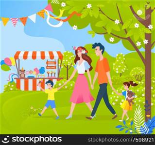 Spring festival and celebration in park vector, family consisting of mother and father spending time together, holiday relaxation outdoors on nature. Family Mother and Father with Kid on Festival