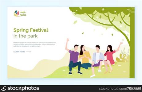 Spring festival in park web page decorated but green tree and flowers, people sitting together, embracing friends, couples in casual clothes vector. Friends Sitting Outdoor, Spring Webpage Vector