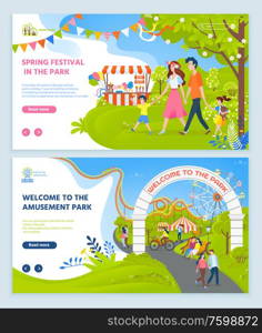 Spring festival vector, park with child and parents, relaxation on nature, amusement with attractions, friends resting surrounded by trees bushes in rest park. Website or webpage, landing page flat. Spring Festival at Park, Amusement Relaxation