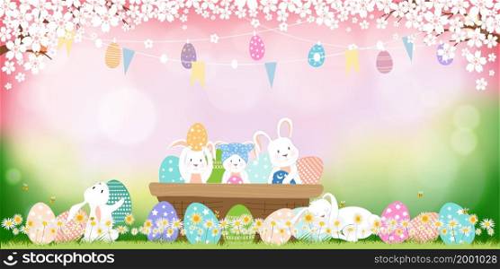 Spring field with bunny hunting Easter eggs and cherry blossom frame,Vector Cute cartoon rabbits and hunny bees flying in grass field with blurry bokeh light on pink and green background