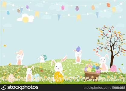Spring field with bunny hunting Easter eggs,Vector Cute cartoon rabbits and hunny bees flying in grass field. Spring or Summer time banner with copy space for easter greeting card