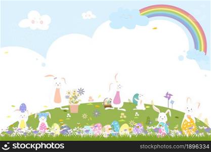 Spring field with bunny hunting Easter eggs,Vector Cute cartoon rabbits playing in green grass field with rainbow and raining,Spring, Summer banner with copy space for easter greeting card background