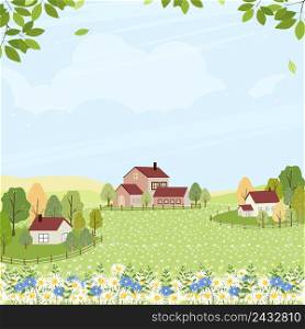 Spring field with cottage house and cloud on blue sky,Cute cartoon rural landscape green grass with honey bee collecting pollen on flowers in sunny day Summer,Vector background banner for Springtime