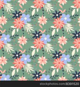 Spring floral background. Flowers, foliage and herbs seamless pattern. Summer bloom wild flowers print. Template for textile, paper, packaging and design vector illustration. Summer bloom wild flowers print