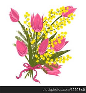 Spring floral background with beautiful bouquet of tulips and mimosa flower. Multicoloured greeting card with white, pink and green color. Vector illustration. Spring floral background with beautiful bouquet of tulips and mimosa flower