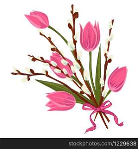 Spring floral background with beautiful bouquet of tulips and pussy willow flower. Multicoloured greeting card with white, pink and green color. Vector illustration. Spring floral background with beautiful bouquet of tulips and pussy willow flower