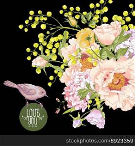 Spring floral bouquet with birds greeting card vector image