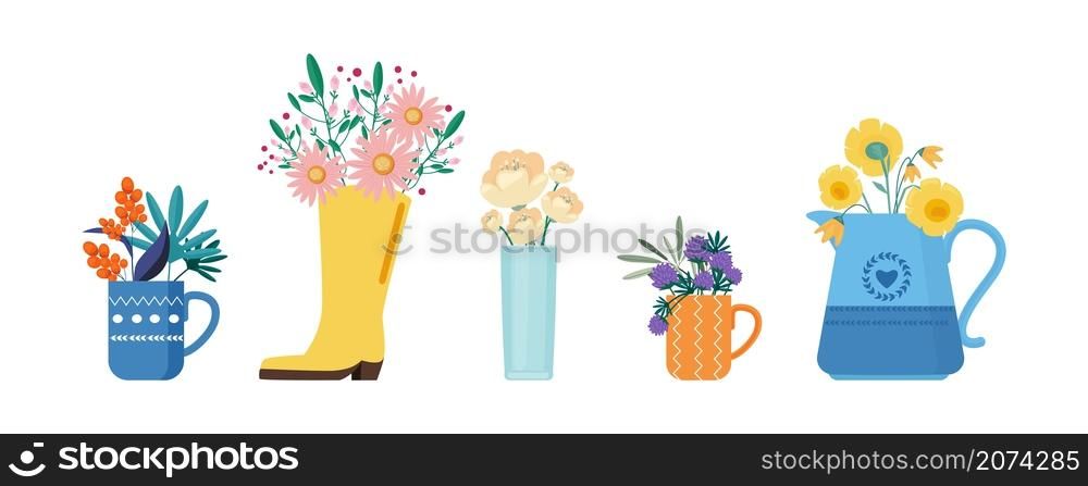Spring floral bouquets. Summer flowers in rain boot, kettle cups. Beautiful rural style gift vector illustration. Flower in cup, colored plant bouquet. Spring floral bouquets. Summer flowers in rain boot, kettle cups. Beautiful rural style gift vector illustration