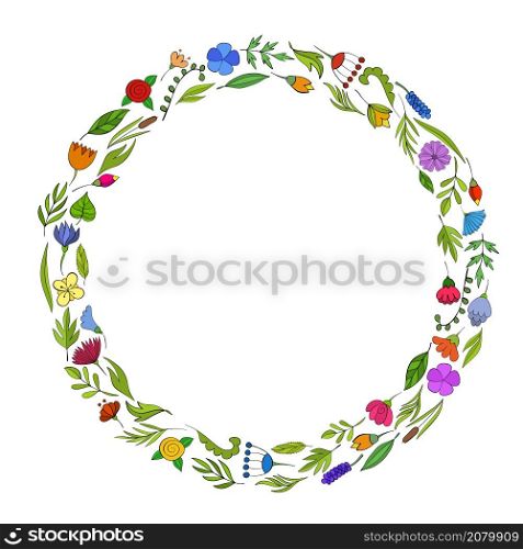 Spring floral circle frame border with flowers and leaves