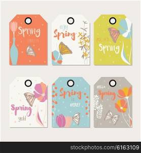 Spring floral gift tag design, with hand drawn flowers, floral elements, vases and monarch butterflies, vector illustration