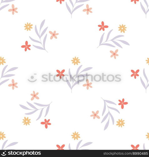 Spring floral print. Flowers and herbs seamless pattern. Background with rustic flowering. Botanical natural foliage and flowers digital paper. Model for textiles, paper, packaging, wallpaper and product design, Illustration Vector. Spring floral print. Flowers and herbs seamless pattern