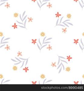 Spring floral print. Flowers and herbs seamless pattern. Background with rustic flowering. Botanical natural foliage and flowers digital paper. Model for textiles, paper, packaging, wallpaper and product design, Illustration Vector. Spring floral print. Flowers and herbs seamless pattern