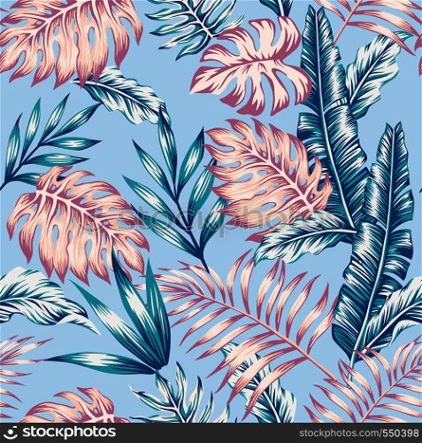 Spring floral seamless composition abstract color realistic tropical leaves blue background. Summer exotic pattern wallpaper