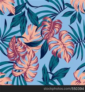 Spring floral seamless composition abstract color tropical leaves blue background. Summer fabric t-shirt exotic pattern wallpaper