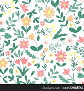 Spring floral seamless pattern. Background of greenery, flowers and herbs. Template for fabric, paper, wallpaper vector illustration. Spring floral seamless pattern