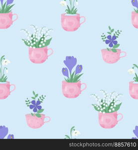 Spring floral seamless pattern. Bouquet flowers of snowdrop, May lilies of the valley, purple crocuses and periwinkle in cups on light blue background. Vector illustration