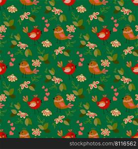 Spring floral seamless pattern with cute daisy and love birds