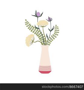 Spring flower in vase, cartoon floral bouquet interior decoration. Vector summer field flowers in scandinavian vase, green fern leaves in colorful jug. Flowers and ferns in scandinavian interior vase