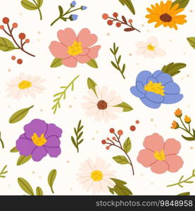 Spring flower seamless pattern. Cute wildflowers and yellow, red and blue daisy and chamomile summer flowers with greenery. Vector wallpaper and wrapping floral texture. Botanical foliage springtime. Spring flower seamless pattern. Cute wildflowers and yellow, red and blue daisy and chamomile summer flowers with greenery. Vector wallpaper and wrapping floral texture