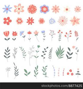 Spring flowering wild flowers and foliage. Flowers and herbs set. Hand drawn floral botanical bunch. Isolated flat illustration, vector. Spring flowering wild flowers and foliage