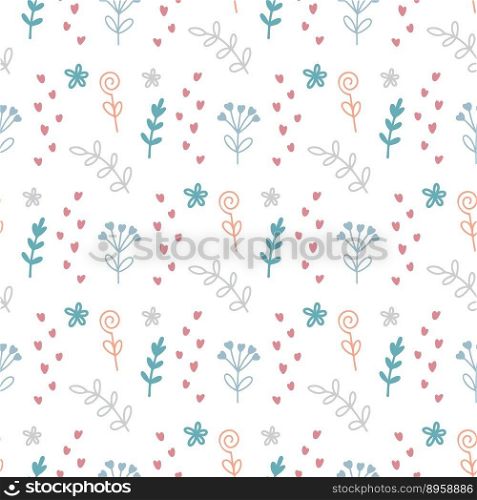 Spring flowering wild flowers and foliage seamless pattern. Background set of flowers and herbs. Hand drawn floral botanical print. Tender flat illustration, vector. Spring flowering wild flowers and foliage seamless pattern