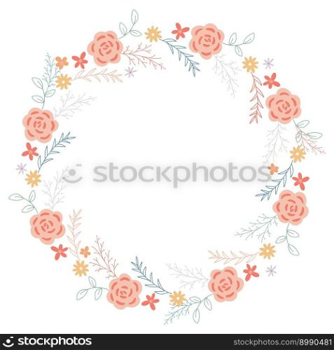 Spring flowering wild flowers and foliage wreath. Natural botanical round rim with copy space. Round floral frame. Blooming leafy frame for postcard or invitation, vector illustration. Spring flowering wild flowers and foliage wreath