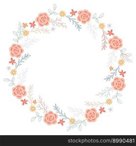 Spring flowering wild flowers and foliage wreath. Natural botanical round rim with copy space. Round floral frame. Blooming leafy frame for postcard or invitation, vector illustration. Spring flowering wild flowers and foliage wreath