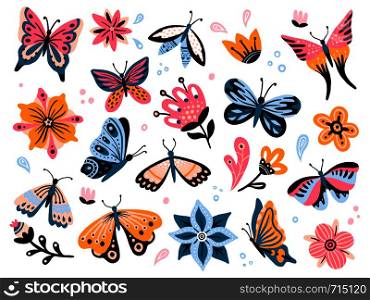 Spring flowers and butterflies. Colorful garden flower, floral decor and elegant butterfy. Insects, summer flying butterflies and flowers drawing. Isolated vector icons set. Spring flowers and butterflies. Colorful garden flower, floral decor and elegant butterfy isolated vector set