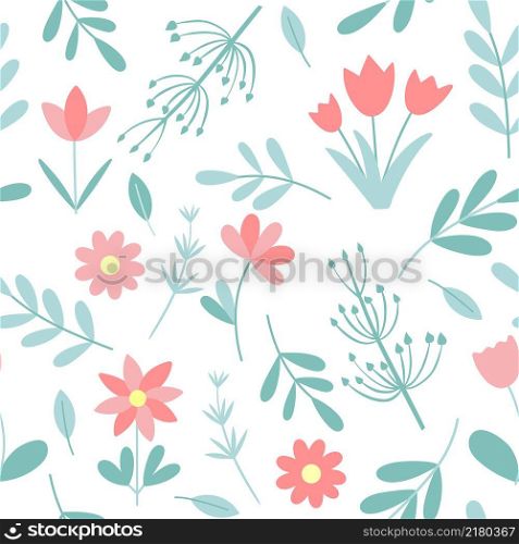 Spring flowers and greenery seamless pattern. Botanical beautiful floral leafy background. Template for wallpaper, fabric, packaging and design vector illustration. Spring flowers and greenery seamless pattern