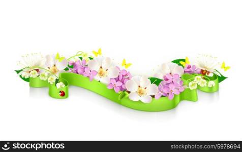 Spring flowers and ribbon, vector