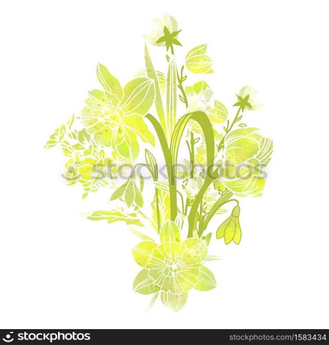 Spring flowers bouquet, abstract watercolor texture, hand drawn watercolor illustration, vector art.