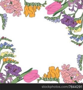 Spring flowers card, multicolored hand drawn illustration of a floral frame over white