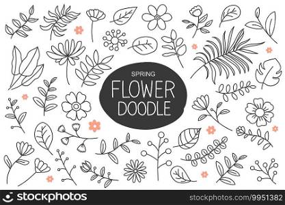 Spring flowers doodle in hand drawn style. Floral and leaves elements collection.