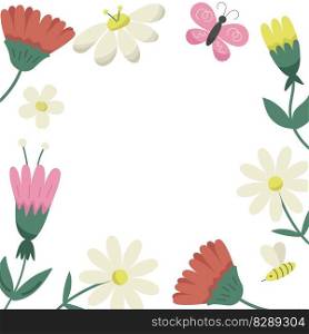 Spring flowers frame, square shape with different kind of field flowers around. Spring background with flat plants. Vector illustration circle of floral print. Spring square background with different flat flowers. Vector illustration frame of floral plants, banner template