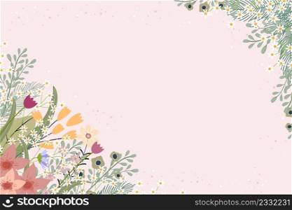 Spring flowers greeting card botanical backdrop on border of cute tiny blooming in yellow, orange and white, Summer sale with floral flat design, vector illustration on pink background with copy space