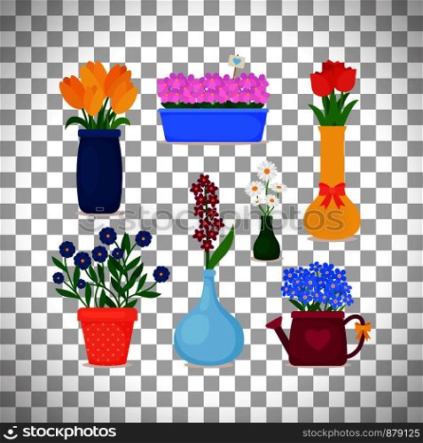 Spring flowers in pots and flower in vase set isolated on transparent background. Vector illustration. Spring flowers in pots and vases