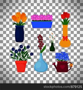 Spring flowers in pots and flower in vase set isolated on transparent background. Vector illustration. Spring flowers in pots and vases