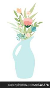 Spring flowers in vase composition isolated on white background. Drawing design element for postcard, brochures, invitation template . Vector illustration
