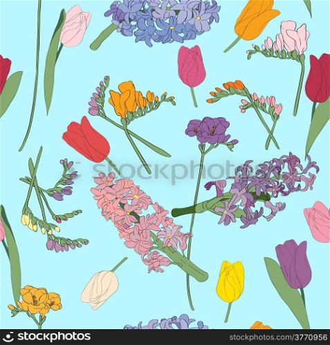 Spring flowers seamless pattern, beautiful hand drawn illustration over blue background