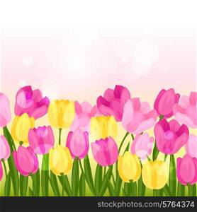 Spring flowers tulips seamless pattern horizontal border.