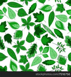 Spring foliage background with seamless pattern of green leaves of oak and maple, chestnut, birch and willow trees. Wallpaper, nature or fabric ornament themes design. Green tree leaves seamless pattern