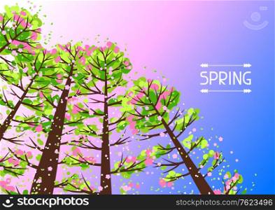 Spring forest background with stylized trees. Seasonal illustration.. Spring forest background with stylized trees.