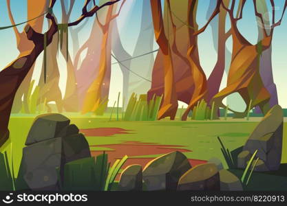 Spring forest glade with green grass. Scene of jungle, garden or natural park in daylight. Vector cartoon illustration of woods landscape with trees, lianas, stones and grass. Spring landscape of forest glade with green grass