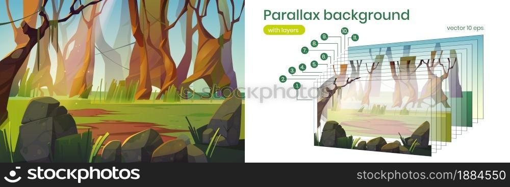 Spring forest glade with green grass, stones and tree trunks. Scene of jungle, garden or natural park. Vector parallax background with layers with cartoon woods landscape in daylight. Parallax background with spring forest glade