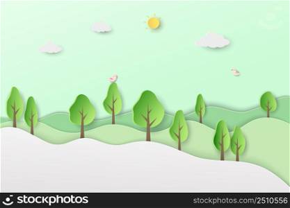 Spring forest landscape background on paper cut and craft style,vector illustration