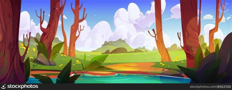 Spring forest landscape with lake and flowers. Vector cartoon illustration of beautiful green valley with bushes and hills, footpath running to small blue pond between old trees, sunny sky with clouds. Spring forest landscape with lake and flowers