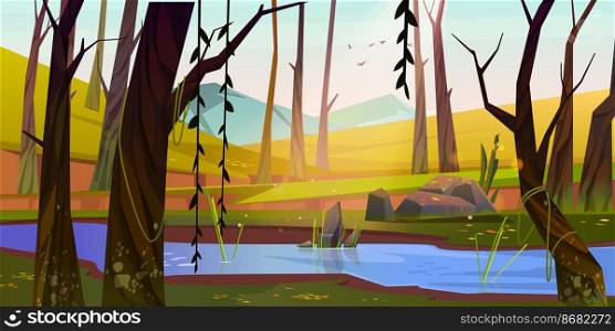 Spring forest with river, green grass and mountains on background. Morning scene of natural park with water stream. Vector cartoon evening landscape with trees, lianas, stones and brook. Spring forest with river and mountains at sunset